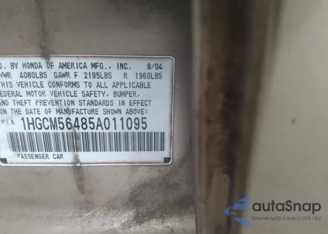 2005 Honda Accord 2.4 Lx z USA, uszkodzony, nr VIN 1HGCM56485A011095